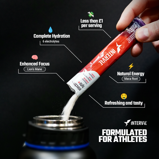 Interval supplement being poured into a container with text highlighting benefits on a black background