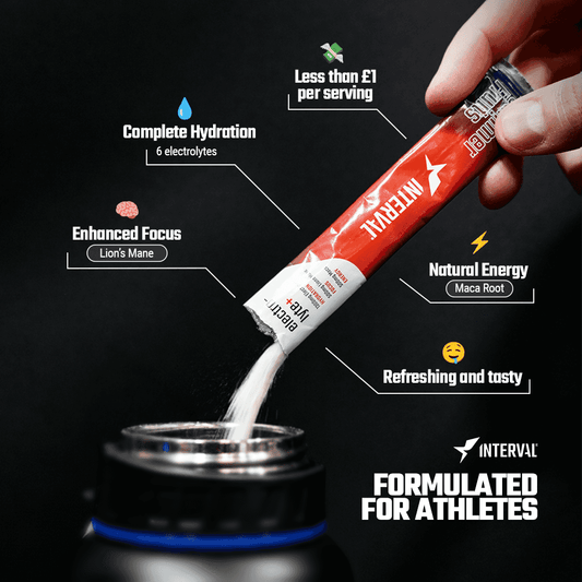 Interval supplement being poured into a container with text highlighting benefits on a black background