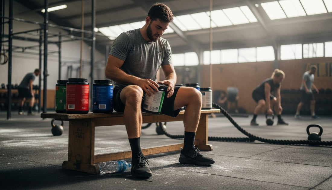 Hyrox athlete preparing supplements on gym bench