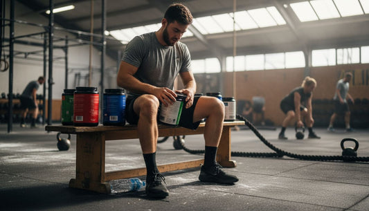 Hyrox athlete preparing supplements on gym bench