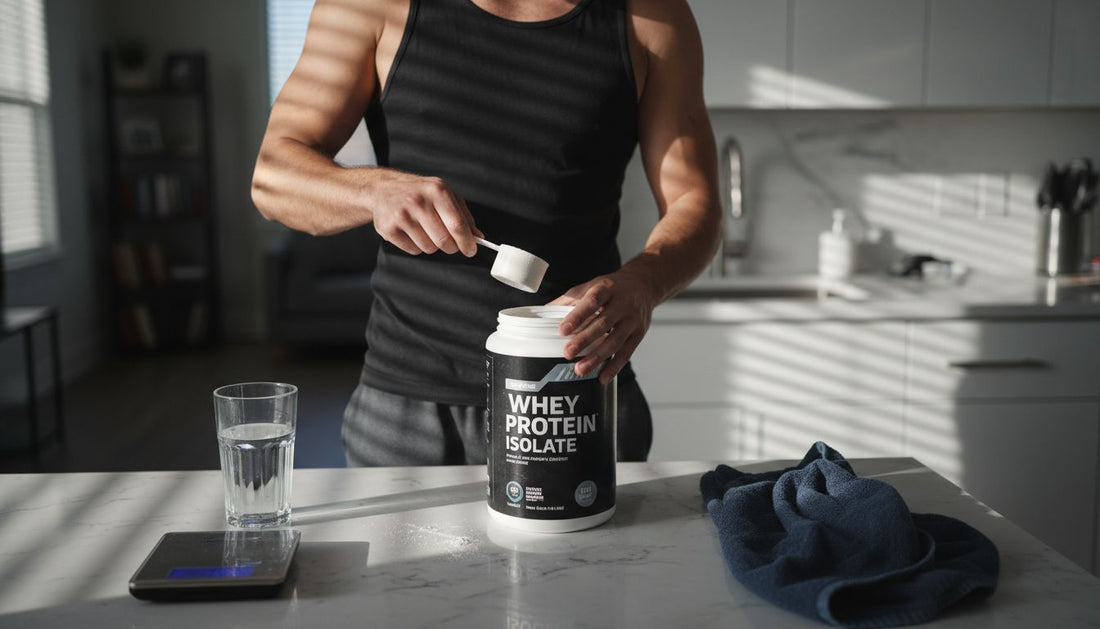 Man preparing pre-workout drink at kitchen island