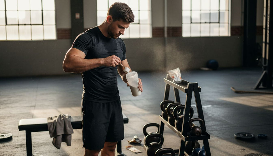 Athlete mixing pre-workout supplement in gym