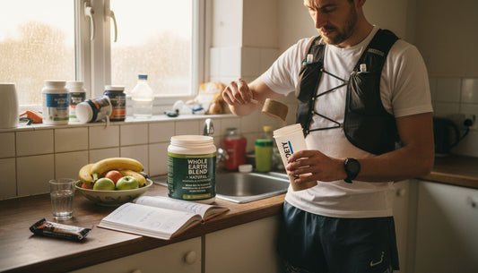 Athlete measuring whole-food supplement in kitchen