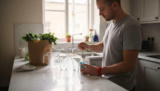 Man measuring supplement powders in home kitchen