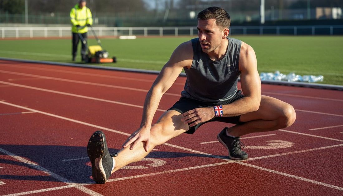 UK track athlete stretching at morning track