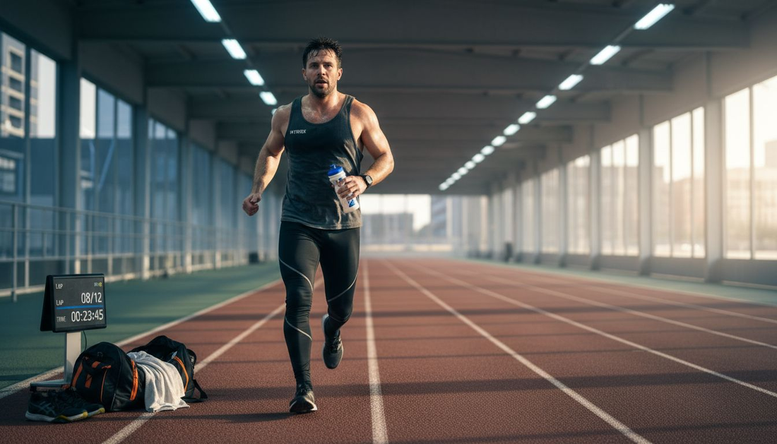 Hyrox athlete using supplement during cardio