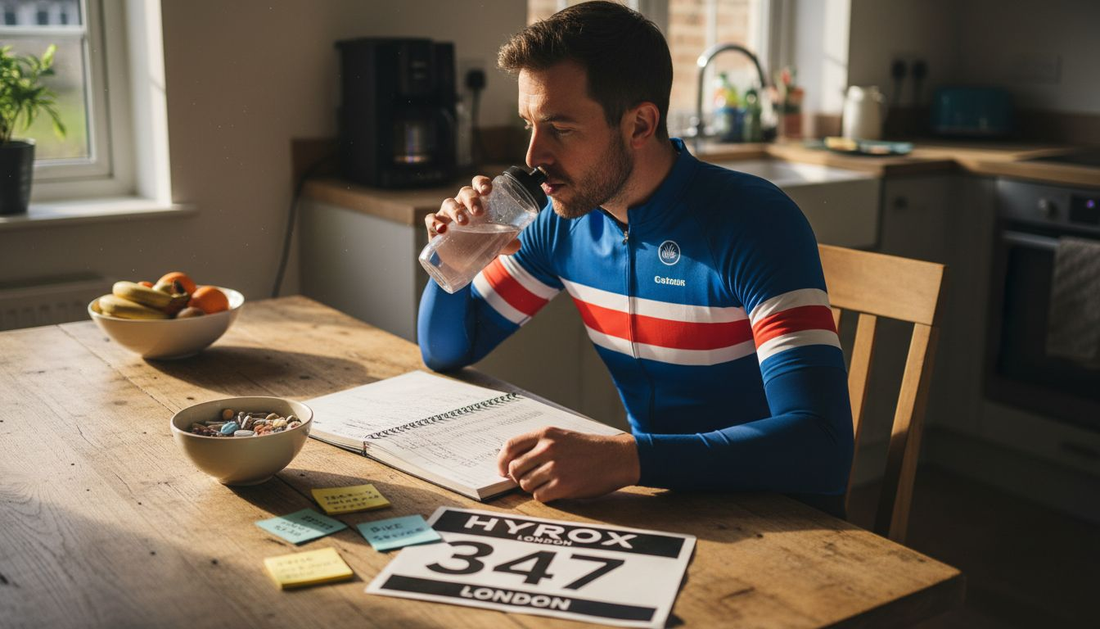 Cyclist planning supplements at kitchen table