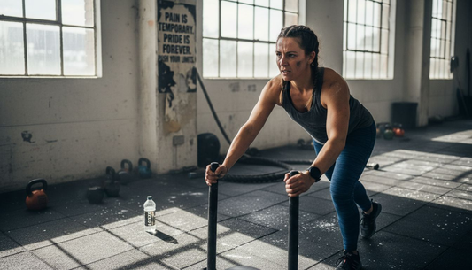 Hyrox athlete pushing sled in gym
