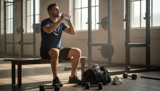 Athlete drinking water on gym bench
