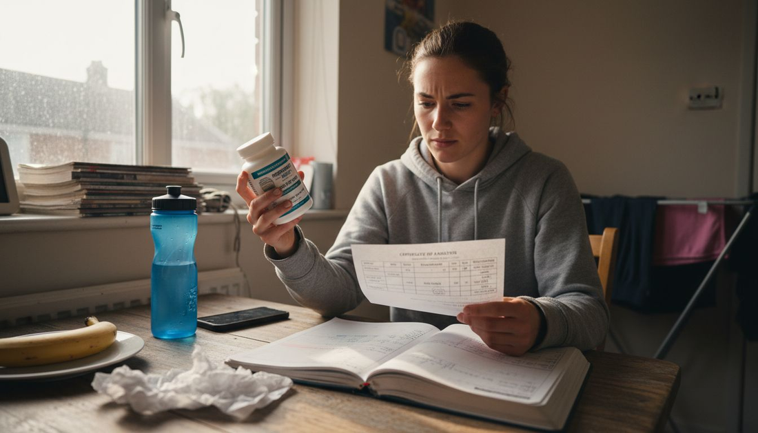 Female athlete checking supplement packaging