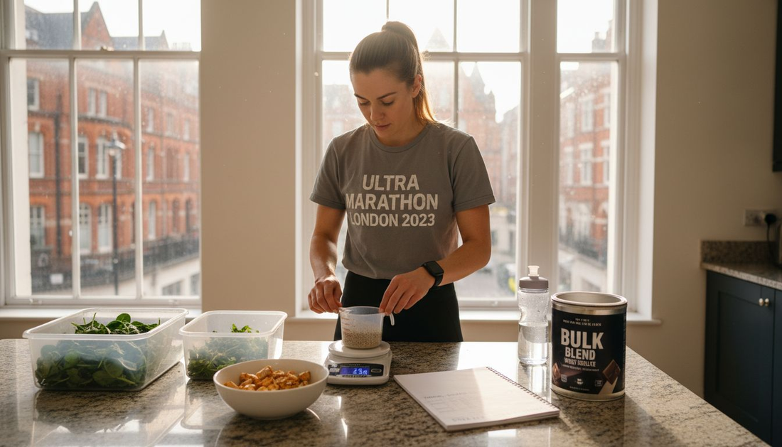 Female athlete preparing balanced nutrition meal