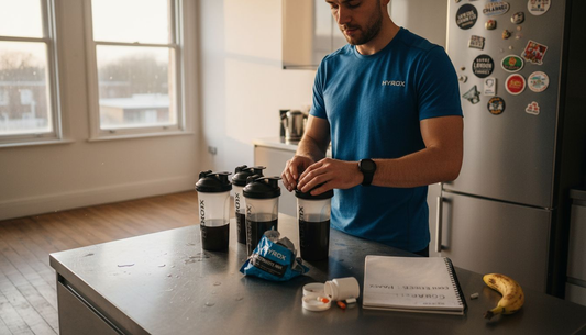 Hyrox athlete preparing supplements in kitchen