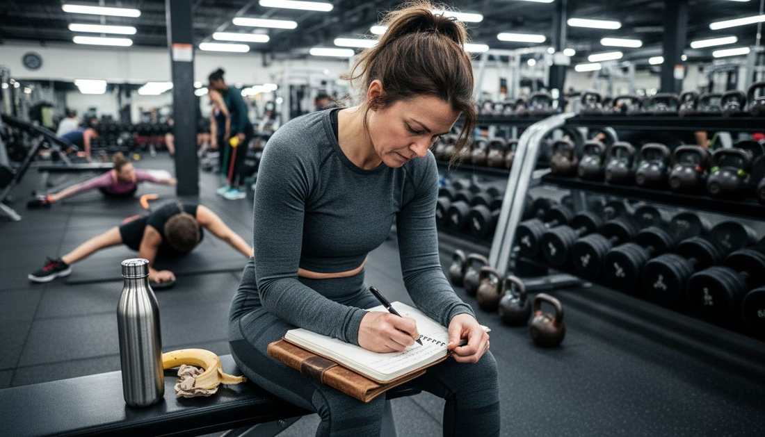 Female athlete logging nutrition in gym