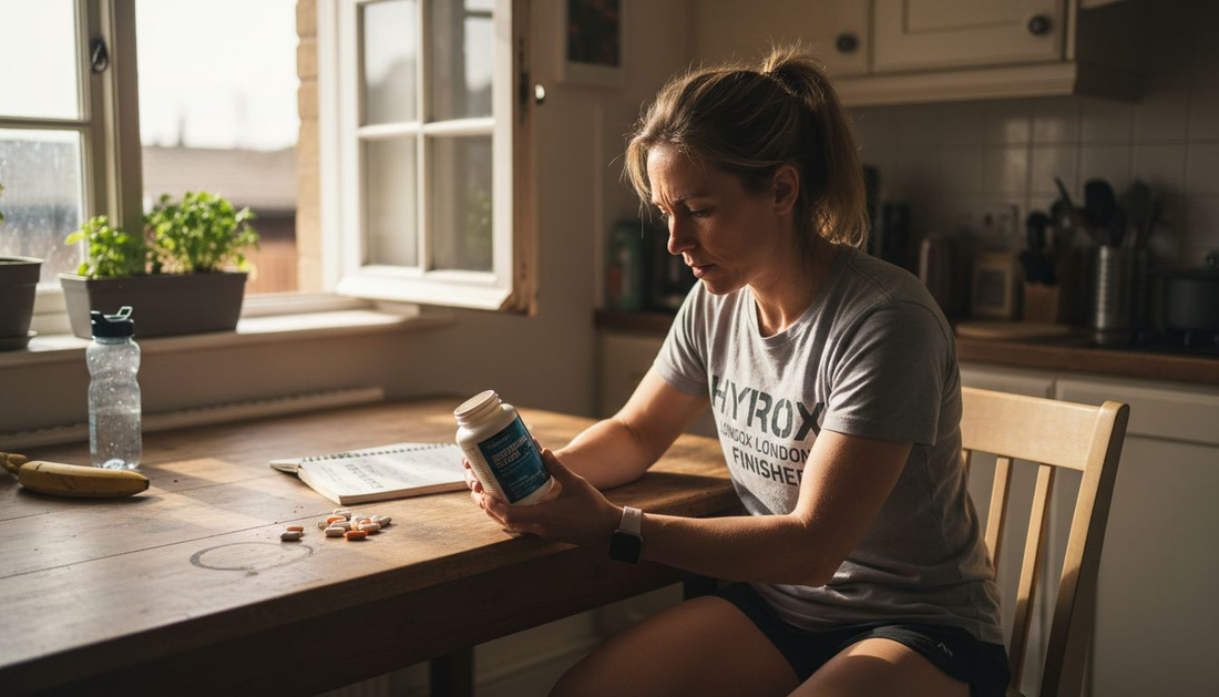 Hyrox athlete reading supplement label at kitchen table