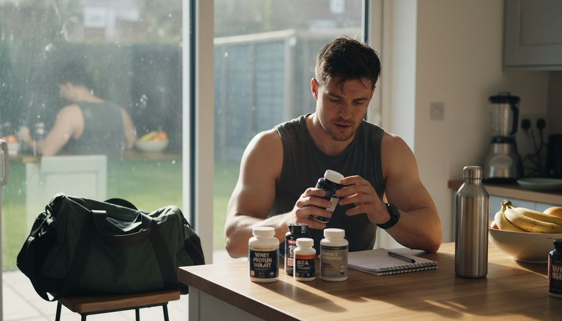 Hyrox athlete evaluating supplements at kitchen counter