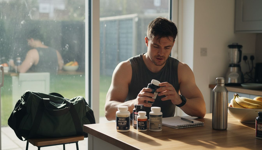 Hyrox athlete evaluating supplements at kitchen counter