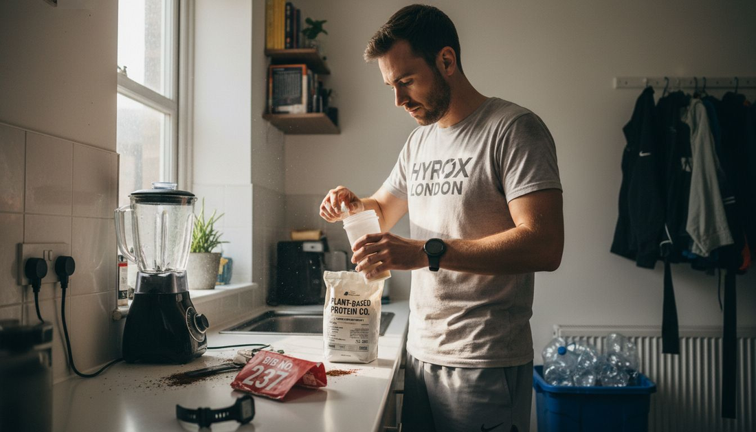 Athlete preparing non-GMO supplement in kitchen