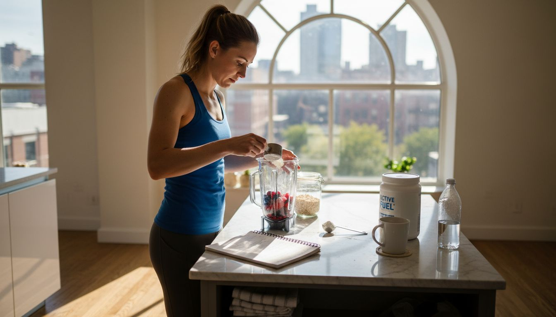 Female athlete preparing smoothie in kitchen