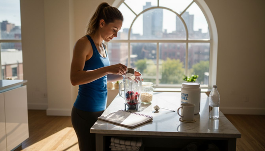 Female athlete preparing smoothie in kitchen