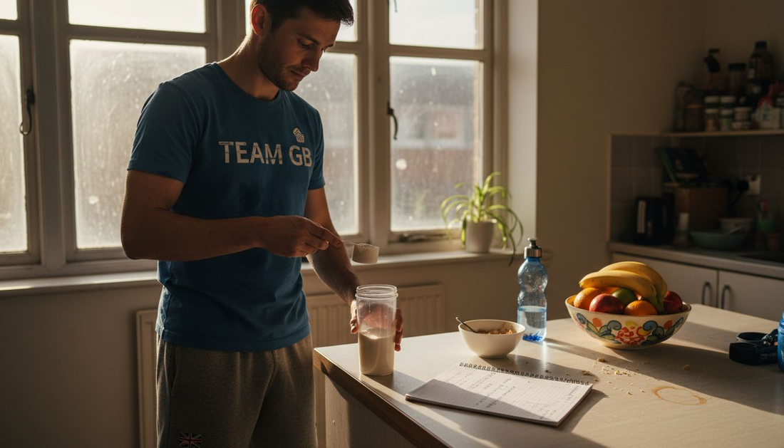 Athlete preparing morning supplements in kitchen