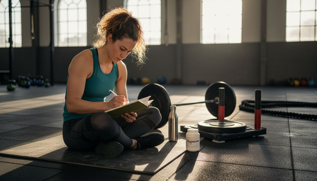 Female Hyrox athlete tracking magnesium intake in gym