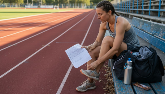 Female track athlete tying shoes on bench