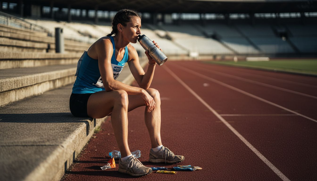 Exhausted athlete drinking isotonic sports drink