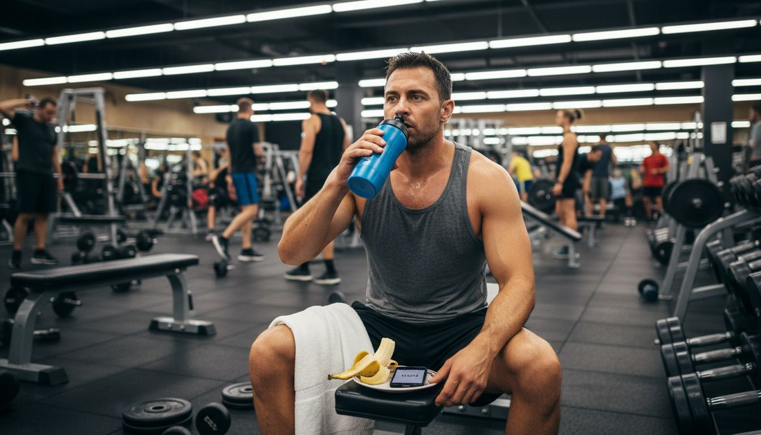 Athlete hydrating during workout in busy gym