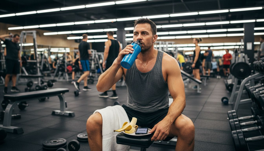 Athlete hydrating during workout in busy gym