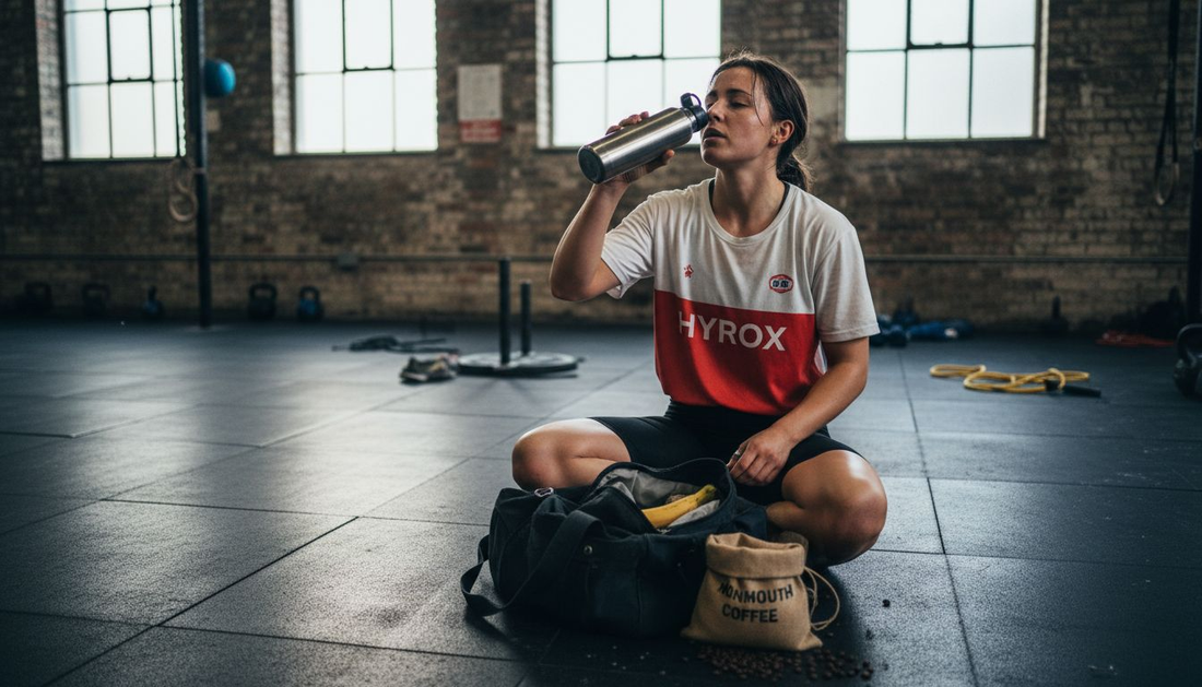 Hyrox woman drinking caffeine mid-training