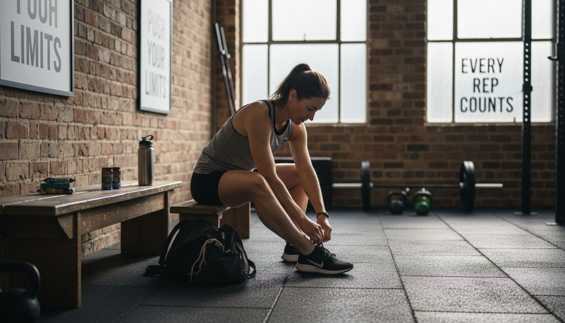 Female Hyrox athlete prepares with nutrition aid