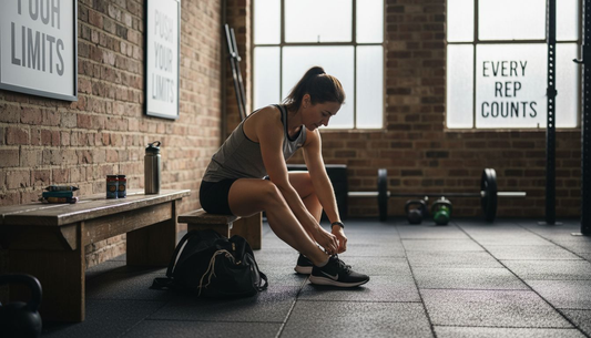 Female Hyrox athlete prepares with nutrition aid