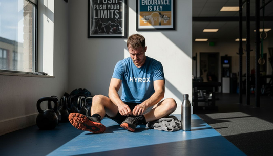 Hyrox athlete recovering in gym corner