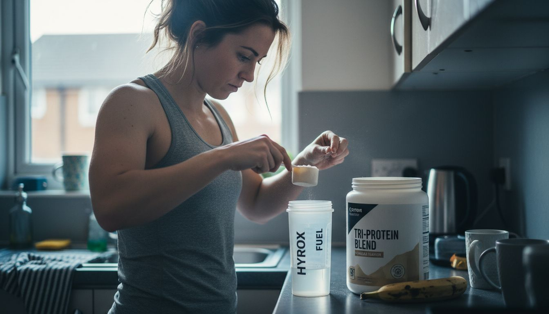 Female athlete makes protein shake in kitchen