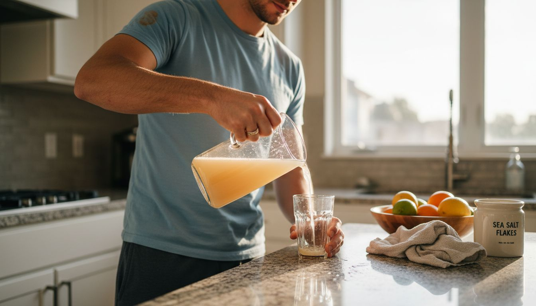 Man pouring homemade electrolyte drink in kitchen