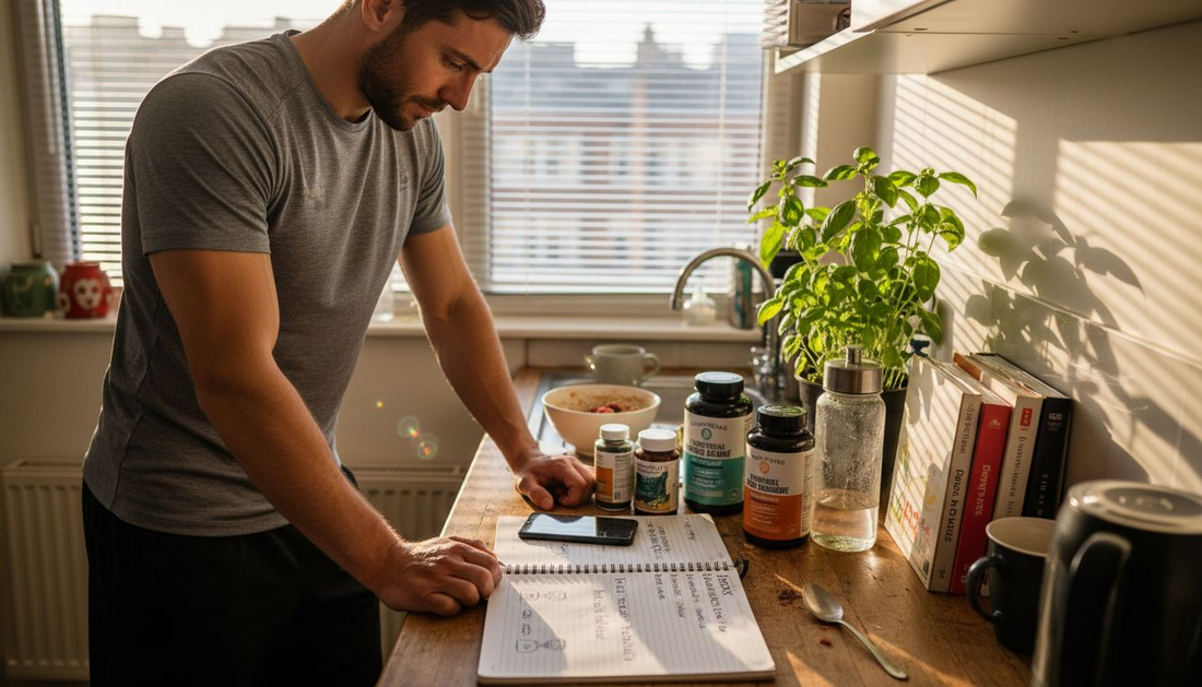 Athlete reviews plant-based supplement bottles