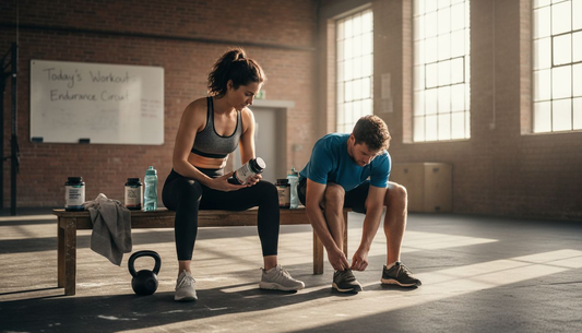 Athletes preparing supplements in gym setting