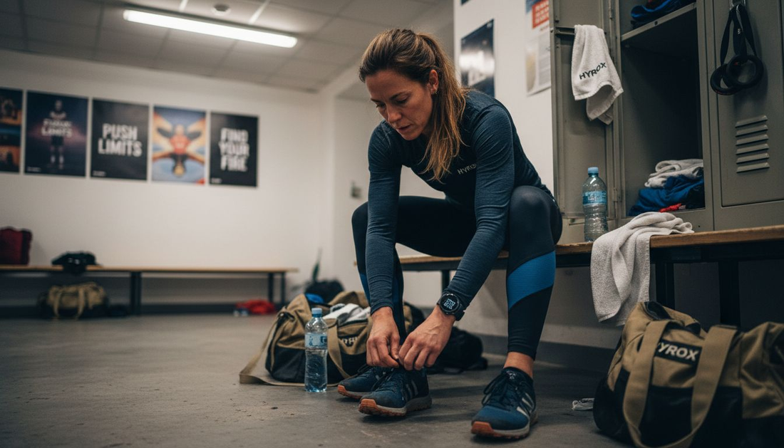 HYROX woman athlete preparing in locker room