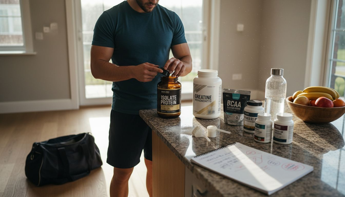 Athlete reading natural supplement labels in kitchen