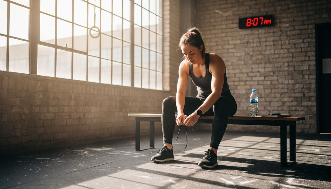 Female Hyrox athlete lacing shoes pre-workout in sunlit gym