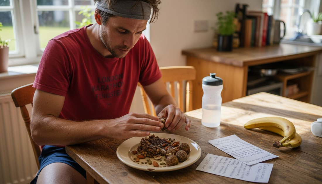Runner preparing natural pre-workout snack in kitchen
