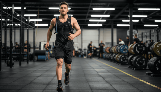 Hyrox athlete running with hydration pack