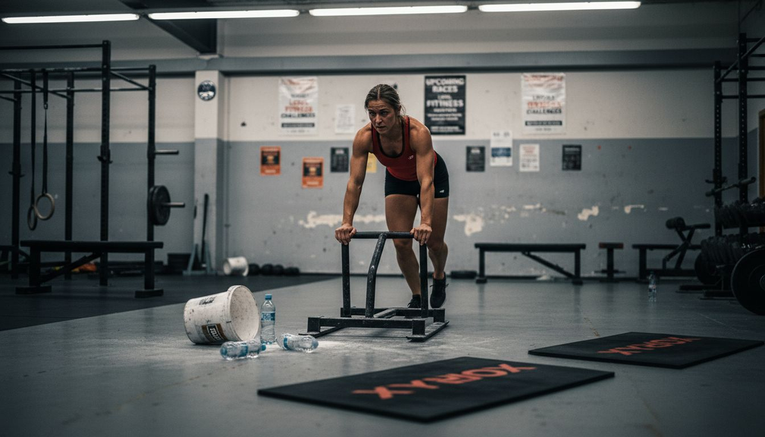 Female athlete pushing sled in gym