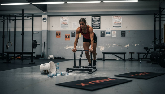 Female athlete pushing sled in gym
