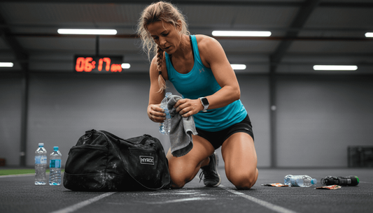 Female athlete checking water bottle during training