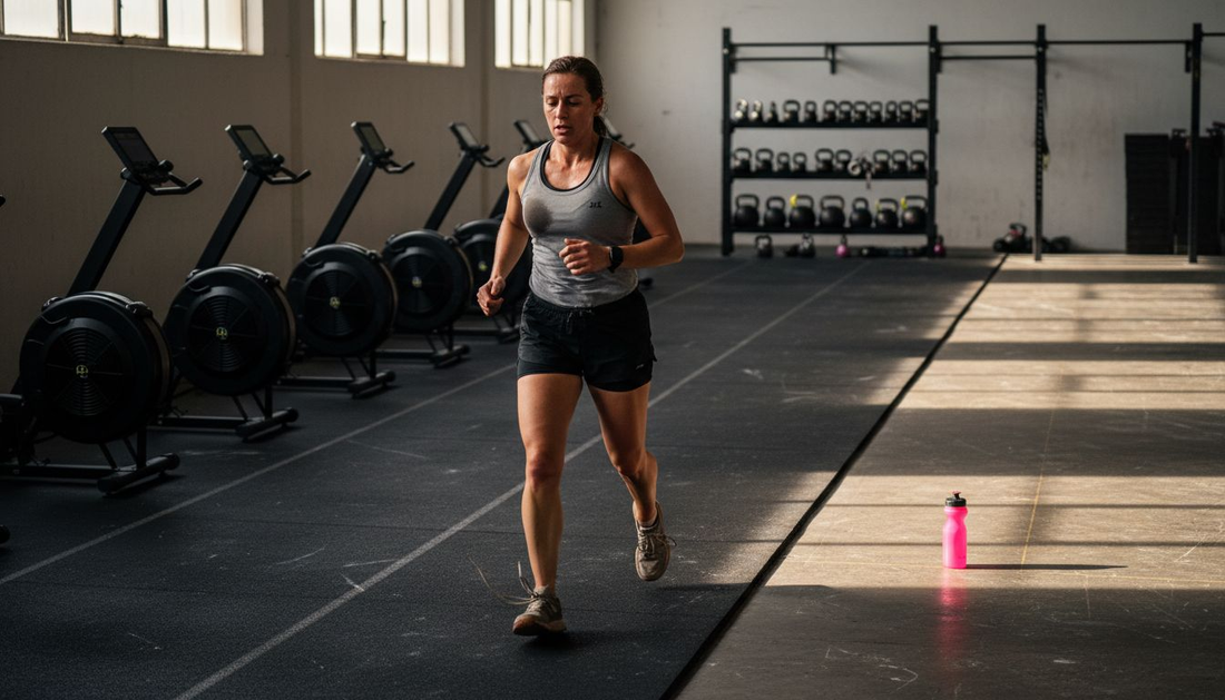 Female athlete running in Hyrox gym