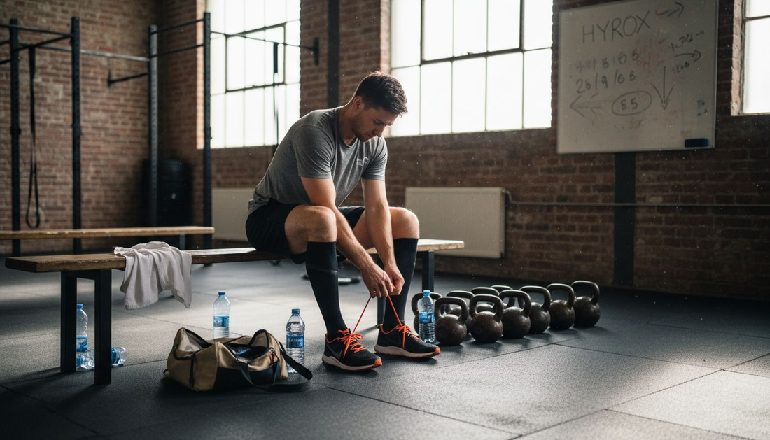 Hyrox athlete preparing for workout in gym