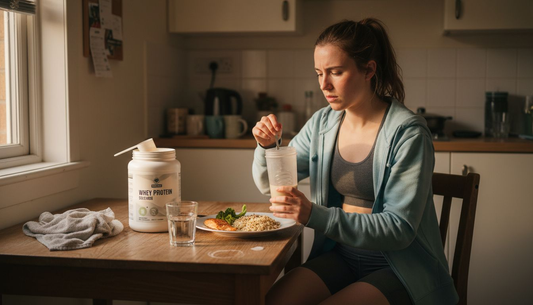 Female athlete with post-workout meal at kitchen table