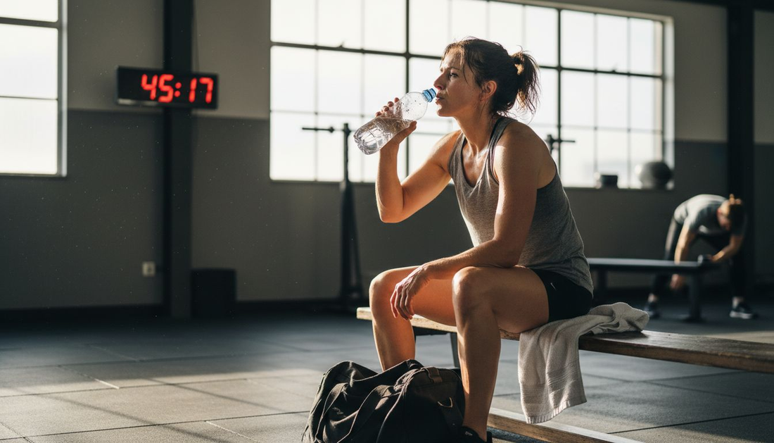 Female Hyrox athlete rehydrating after workout