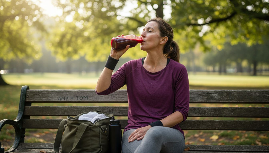 Female athlete drinking beetroot juice outdoors